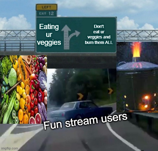 so true | Eating ur veggies; Don't eat ur veggies and burn them ALL; Fun stream users | image tagged in memes,left exit 12 off ramp | made w/ Imgflip meme maker