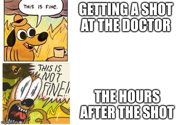 Nowadays, I'm not as scared of the shot itself as much as I am for what happens afterwards | GETTING A SHOT AT THE DOCTOR; THE HOURS AFTER THE SHOT | image tagged in this is fine this is not fine,doctor,vaccines,memes,relatable | made w/ Imgflip meme maker
