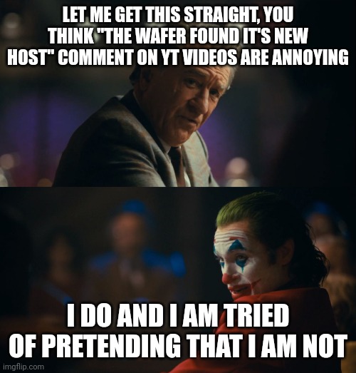 Pls stop | LET ME GET THIS STRAIGHT, YOU THINK "THE WAFER FOUND IT'S NEW HOST" COMMENT ON YT VIDEOS ARE ANNOYING; I DO AND I AM TRIED OF PRETENDING THAT I AM NOT | image tagged in let me get this straight murray,stop it get some help,why are you reading this,stop reading the tags | made w/ Imgflip meme maker