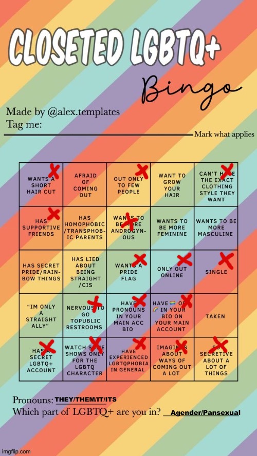 Double bingo! | THEY/THEM/IT/ITS; Agender/Pansexual | image tagged in closeted lgbtq bingo | made w/ Imgflip meme maker