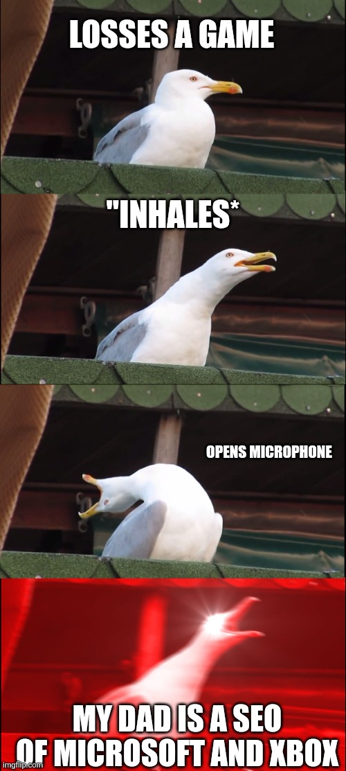 Inhaling Seagull | LOSSES A GAME; "INHALES*; OPENS MICROPHONE; MY DAD IS A SEO OF MICROSOFT AND XBOX | image tagged in memes,inhaling seagull | made w/ Imgflip meme maker