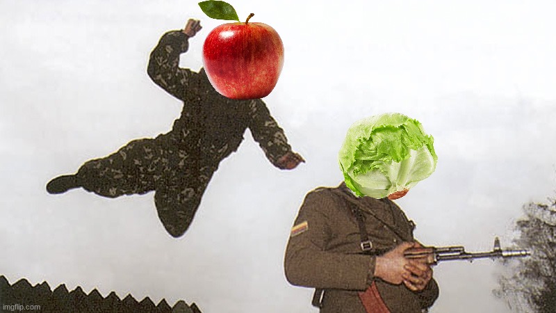 THE FRUITS AND VEGGIES ARE AT WAR | image tagged in soldier jump spetznaz,apple,lettuce | made w/ Imgflip meme maker