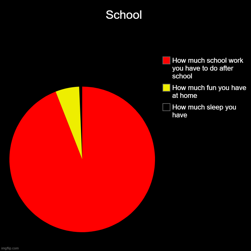 School | How much sleep you have, How much fun you have at home, How much school work you have to do after school | image tagged in charts,pie charts | made w/ Imgflip chart maker