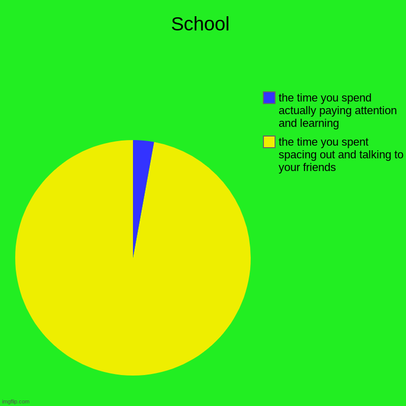 School | the time you spent spacing out and talking to your friends, the time you spend actually paying attention and learning | image tagged in charts,pie charts | made w/ Imgflip chart maker