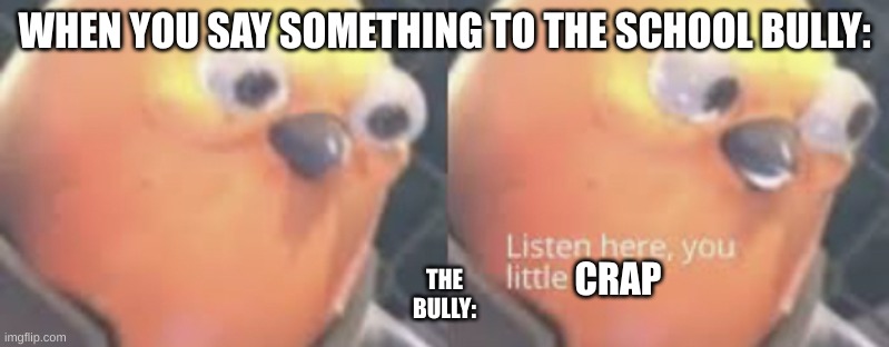 the school bully | WHEN YOU SAY SOMETHING TO THE SCHOOL BULLY:; CRAP; THE BULLY: | image tagged in listen here you little shit bird,memes,funny,fyp,school | made w/ Imgflip meme maker