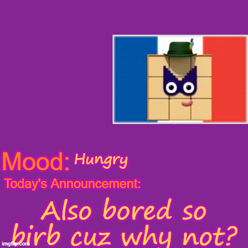 Birb | Hungry; Also bored so birb cuz why not? | image tagged in why not | made w/ Imgflip meme maker