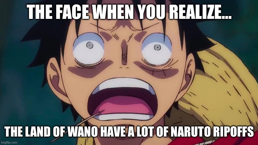 Wano Kuni = Naruto Rippoffden (Ripoff Shippuden) | THE FACE WHEN YOU REALIZE…; THE LAND OF WANO HAVE A LOT OF NARUTO RIPOFFS | image tagged in shocked luffy at wano,memes,one piece,wano,that face you make when,luffy | made w/ Imgflip meme maker