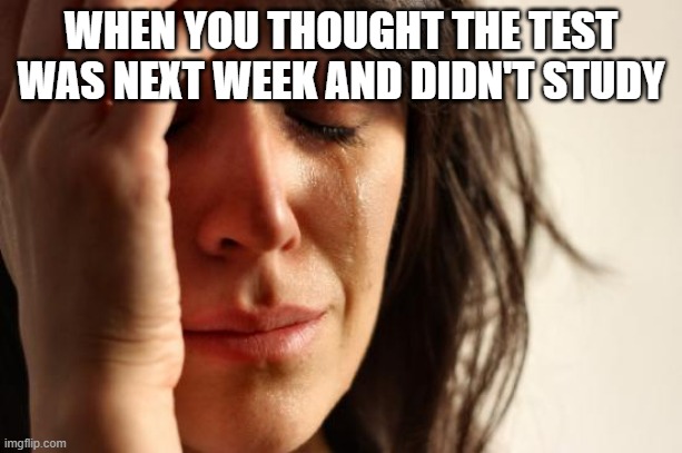 First World Problems | WHEN YOU THOUGHT THE TEST WAS NEXT WEEK AND DIDN'T STUDY | image tagged in memes,first world problems | made w/ Imgflip meme maker