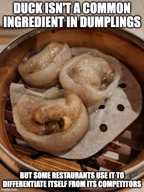 Duck Dumplings | DUCK ISN'T A COMMON INGREDIENT IN DUMPLINGS; BUT SOME RESTAURANTS USE IT TO DIFFERENTIATE ITSELF FROM ITS COMPETITORS | image tagged in food,memes | made w/ Imgflip meme maker