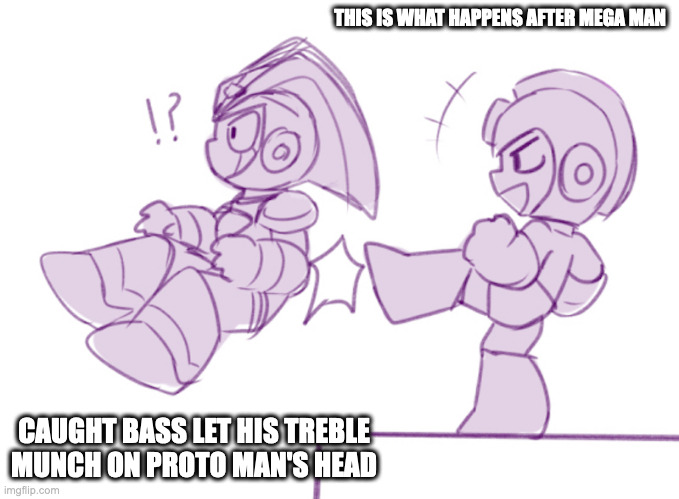 Mega Man Kicking Bass Off the Ledge | THIS IS WHAT HAPPENS AFTER MEGA MAN; CAUGHT BASS LET HIS TREBLE MUNCH ON PROTO MAN'S HEAD | image tagged in megaman,bass,memes | made w/ Imgflip meme maker