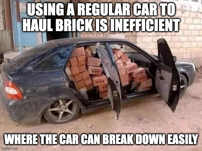 Car With Bricks | USING A REGULAR CAR TO HAUL BRICK IS INEFFICIENT; WHERE THE CAR CAN BREAK DOWN EASILY | image tagged in cars,bricks,memes | made w/ Imgflip meme maker