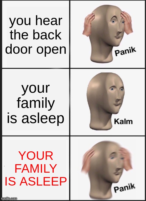 Panik Kalm Panik Meme | you hear the back door open; your family is asleep; YOUR FAMILY IS ASLEEP | image tagged in memes,panik kalm panik | made w/ Imgflip meme maker