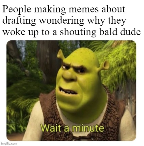 Memes about memes about drafting | People making memes about drafting wondering why they woke up to a shouting bald dude | image tagged in shrek wait a minute | made w/ Imgflip meme maker