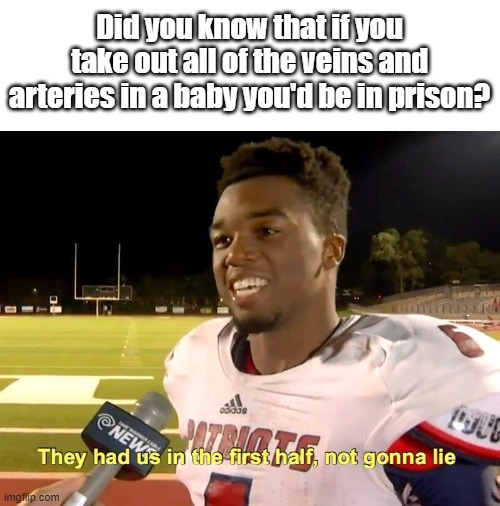 Try it at home!!! | Did you know that if you take out all of the veins and arteries in a baby you'd be in prison? | image tagged in they had us in the first half,memes,funny | made w/ Imgflip meme maker