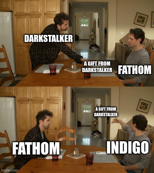 Plate toss | DARKSTALKER; FATHOM; A GIFT FROM DARKSTALKER; A GIFT FROM DARKSTALKER; FATHOM; INDIGO | image tagged in plate toss | made w/ Imgflip meme maker