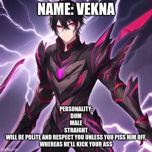 What do you think of this OC? | PERSONALITY:
DOM
MALE
STRAIGHT
WILL BE POLITE AND RESPECT YOU UNLESS YOU PISS HIM OFF, WHEREAS HE'LL KICK YOUR ASS; NAME: VEKNA | made w/ Imgflip meme maker