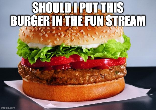 im thinking of doing it | SHOULD I PUT THIS BURGER IN THE FUN STREAM | image tagged in veggie burger no heart disease | made w/ Imgflip meme maker
