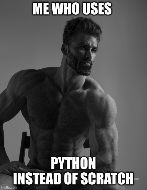 Giga Chad | ME WHO USES PYTHON INSTEAD OF SCRATCH | image tagged in giga chad | made w/ Imgflip meme maker