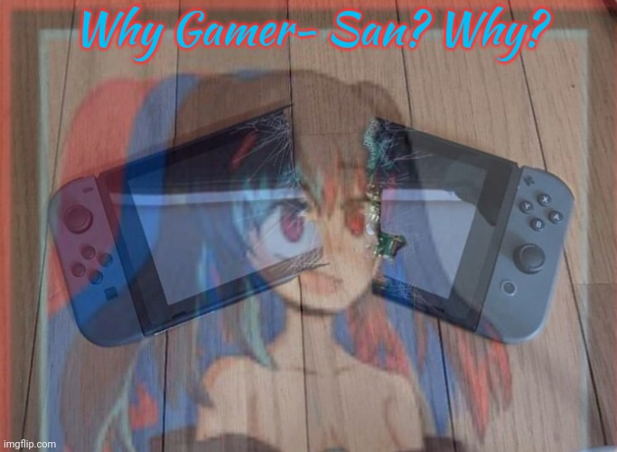 Stop abusing Switch-chan | Why Gamer- San? Why? | image tagged in switch chan,nintendo switch,anime girl | made w/ Imgflip meme maker
