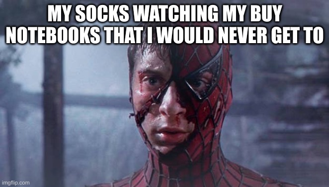 I have at least 50 blank notebooks, yet only use 4 | MY SOCKS WATCHING MY BUY NOTEBOOKS THAT I WOULD NEVER GET TO | image tagged in spiderman mask ripped | made w/ Imgflip meme maker