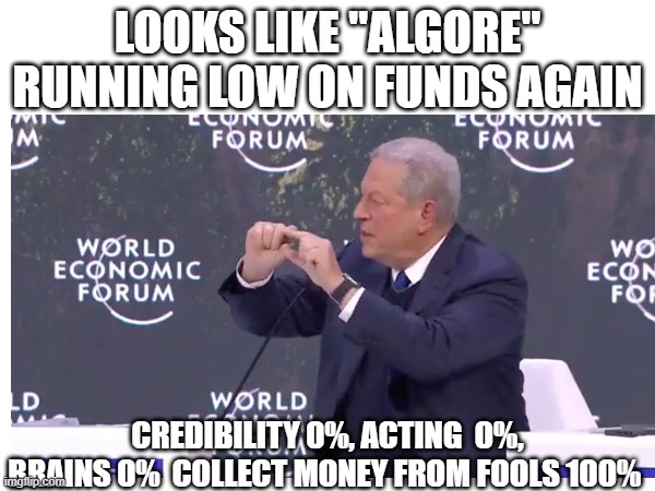 "Algore" | LOOKS LIKE "ALGORE" RUNNING LOW ON FUNDS AGAIN; CREDIBILITY 0%, ACTING  0%, BRAINS 0%  COLLECT MONEY FROM FOOLS 100% | image tagged in memes,money,wef,davos | made w/ Imgflip meme maker