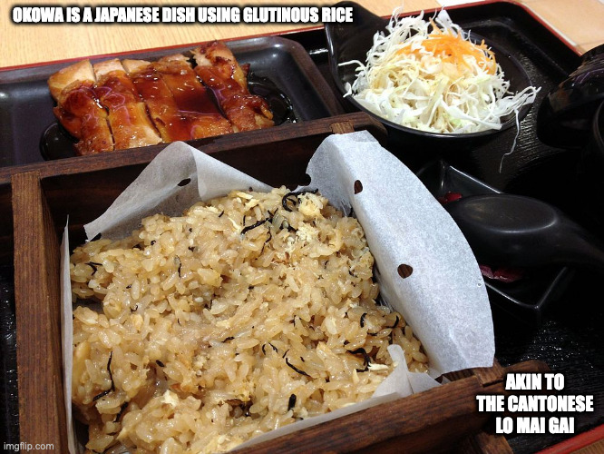 Okowa | OKOWA IS A JAPANESE DISH USING GLUTINOUS RICE; AKIN TO THE CANTONESE LO MAI GAI | image tagged in food,memes | made w/ Imgflip meme maker