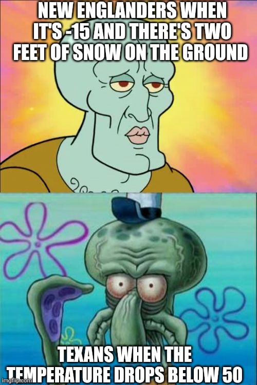 Squidward | NEW ENGLANDERS WHEN IT'S -15 AND THERE'S TWO FEET OF SNOW ON THE GROUND; TEXANS WHEN THE TEMPERATURE DROPS BELOW 50 | image tagged in memes,squidward | made w/ Imgflip meme maker