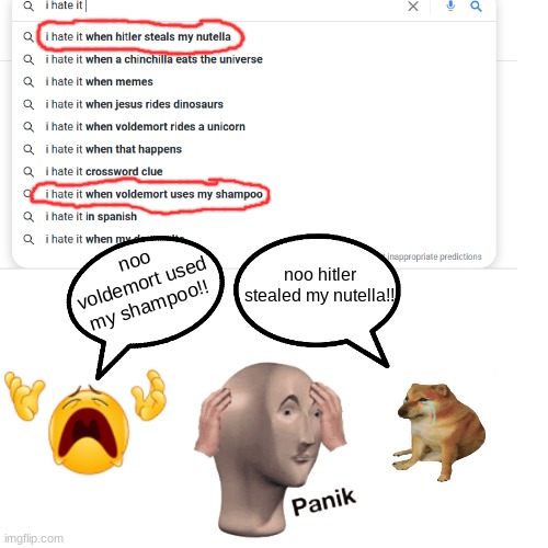 wth is wrong with google search | noo hitler stealed my nutella!! noo voldemort used my shampoo!! | image tagged in goofy ahh,google,i hate it when,google search | made w/ Imgflip meme maker