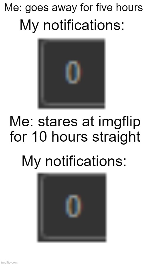 true | Me: goes away for five hours; My notifications:; Me: stares at imgflip for 10 hours straight; My notifications: | image tagged in no,notifications | made w/ Imgflip meme maker