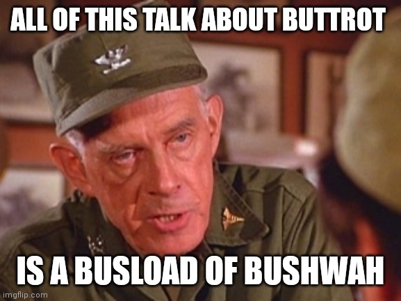 Col Potter Horsehockey | ALL OF THIS TALK ABOUT BUTTROT; IS A BUSLOAD OF BUSHWAH | image tagged in col potter horsehockey | made w/ Imgflip meme maker