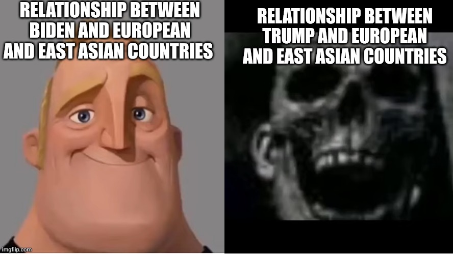 People of light skin doesn't like Republicans at all | RELATIONSHIP BETWEEN BIDEN AND EUROPEAN AND EAST ASIAN COUNTRIES; RELATIONSHIP BETWEEN TRUMP AND EUROPEAN AND EAST ASIAN COUNTRIES | image tagged in mr incredible becoming uncanny small size version | made w/ Imgflip meme maker