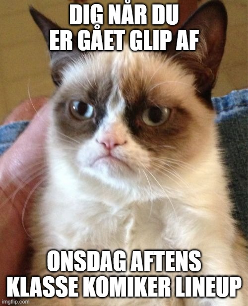 Grumpy Cat Meme | DIG NÅR DU ER GÅET GLIP AF; ONSDAG AFTENS KLASSE KOMIKER LINEUP | image tagged in memes,grumpy cat | made w/ Imgflip meme maker
