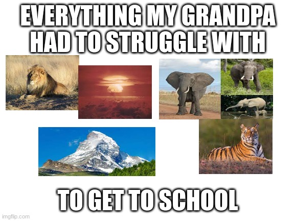 this is just the tip of the iceuberg | EVERYTHING MY GRANDPA HAD TO STRUGGLE WITH; TO GET TO SCHOOL | image tagged in blank white template | made w/ Imgflip meme maker