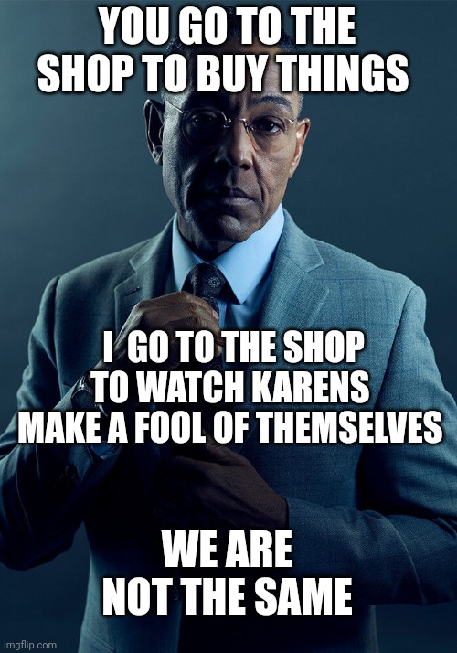 Gus Fring we are not the same | YOU GO TO THE SHOP TO BUY THINGS; I  GO TO THE SHOP TO WATCH KARENS  MAKE A FOOL OF THEMSELVES; WE ARE NOT THE SAME | image tagged in gus fring we are not the same | made w/ Imgflip meme maker
