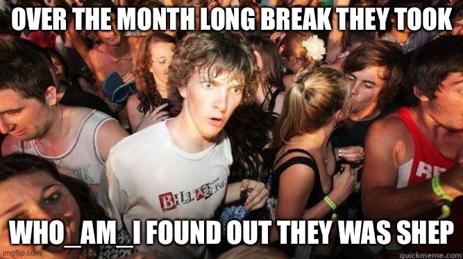 Brain exploded when I realized. | OVER THE MONTH LONG BREAK THEY TOOK; WHO_AM_I FOUND OUT THEY WAS SHEP | image tagged in sudden realization | made w/ Imgflip meme maker