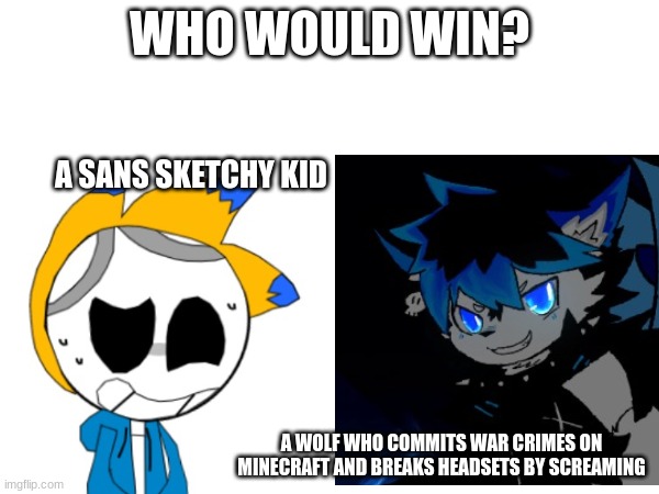 who would win guys (character belongs to Sketchy_113) | WHO WOULD WIN? A SANS SKETCHY KID; A WOLF WHO COMMITS WAR CRIMES ON MINECRAFT AND BREAKS HEADSETS BY SCREAMING | image tagged in who would win,ocs,drawings | made w/ Imgflip meme maker