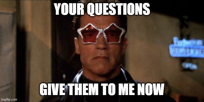 Funky Arnold Schwarzenegger | YOUR QUESTIONS; GIVE THEM TO ME NOW | image tagged in funky arnold schwarzenegger | made w/ Imgflip meme maker