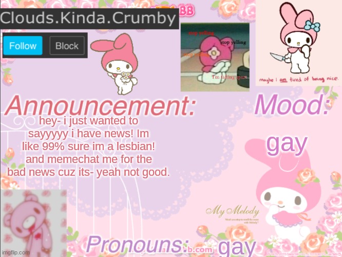 lol | hey- i just wanted to sayyyyy i have news! Im like 99% sure im a lesbian! and memechat me for the bad news cuz its- yeah not good. gay; gay | image tagged in clouds kinda crumby s announcement template | made w/ Imgflip meme maker