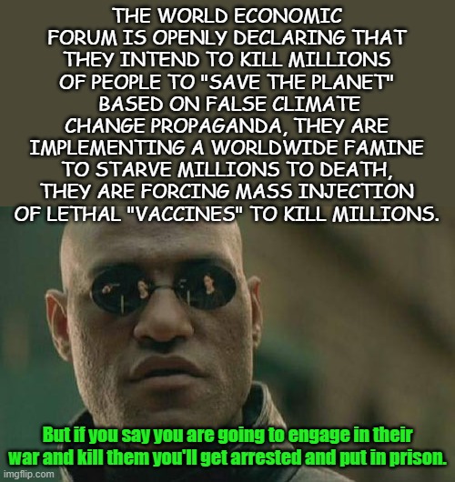 Professing themselves to be wise, they've exchanged the truth of God for a lie... or dozens of lies.... | THE WORLD ECONOMIC FORUM IS OPENLY DECLARING THAT THEY INTEND TO KILL MILLIONS OF PEOPLE TO "SAVE THE PLANET"  BASED ON FALSE CLIMATE CHANGE PROPAGANDA, THEY ARE IMPLEMENTING A WORLDWIDE FAMINE TO STARVE MILLIONS TO DEATH, THEY ARE FORCING MASS INJECTION OF LETHAL "VACCINES" TO KILL MILLIONS. But if you say you are going to engage in their war and kill them you'll get arrested and put in prison. | image tagged in memes,matrix morpheus | made w/ Imgflip meme maker