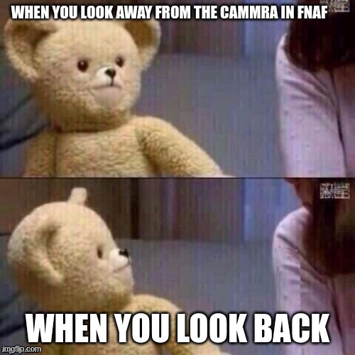 What? Teddy Bear | WHEN YOU LOOK AWAY FROM THE CAMMRA IN FNAF; WHEN YOU LOOK BACK | image tagged in what teddy bear | made w/ Imgflip meme maker