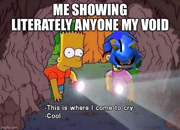 Where I come to cry | ME SHOWING LITERATELY ANYONE MY VOID | image tagged in where i come to cry | made w/ Imgflip meme maker