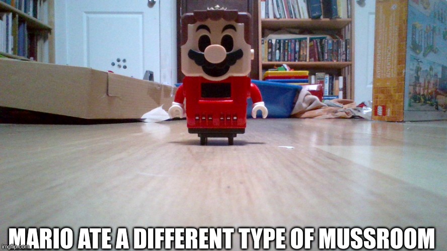 lego mario before | MARIO ATE A DIFFERENT TYPE OF MUSSROOM | image tagged in lego mario before | made w/ Imgflip meme maker