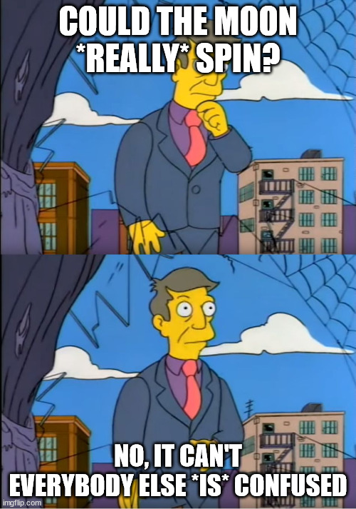 Skinner Out Of Touch | COULD THE MOON *REALLY* SPIN? NO, IT CAN'T
EVERYBODY ELSE *IS* CONFUSED | image tagged in skinner out of touch | made w/ Imgflip meme maker