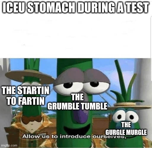Inspired by -insert-name-here- |  ICEU STOMACH DURING A TEST; THE GRUMBLE TUMBLE; THE STARTIN TO FARTIN; THE GURGLE MURGLE | image tagged in allow us to introduce ourselves,fart,stomach issues | made w/ Imgflip meme maker