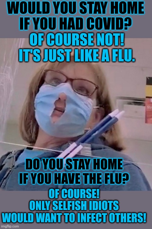 Many selfish idiots don't realise they are | WOULD YOU STAY HOME
IF YOU HAD COVID? OF COURSE NOT!
IT'S JUST LIKE A FLU. DO YOU STAY HOME
IF YOU HAVE THE FLU? OF COURSE!
ONLY SELFISH IDIOTS
WOULD WANT TO INFECT OTHERS! | image tagged in covidiots,flu,face mask,stupid people,stupid sheep,think about it | made w/ Imgflip meme maker