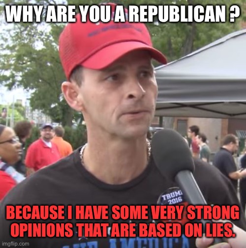 Trump supporter | WHY ARE YOU A REPUBLICAN ? BECAUSE I HAVE SOME VERY STRONG OPINIONS THAT ARE BASED ON LIES. | image tagged in trump supporter | made w/ Imgflip meme maker