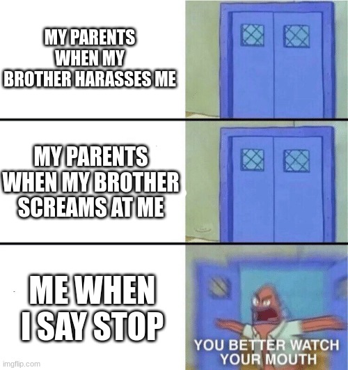 You better watch your mouth | MY PARENTS WHEN MY BROTHER HARASSES ME; MY PARENTS WHEN MY BROTHER SCREAMS AT ME; ME WHEN I SAY STOP | image tagged in you better watch your mouth | made w/ Imgflip meme maker