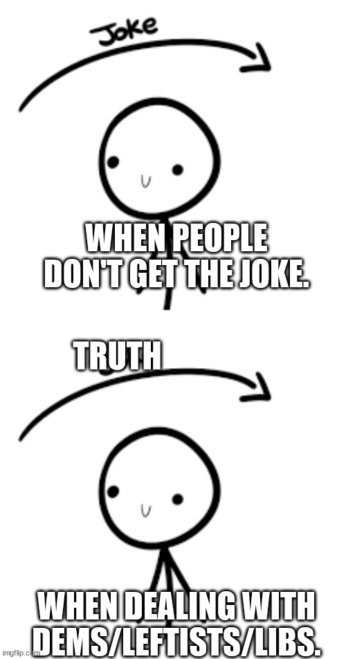 Yep. | WHEN PEOPLE DON'T GET THE JOKE. TRUTH; WHEN DEALING WITH DEMS/LEFTISTS/LIBS. | image tagged in joke goes over head,joke over head,stupid liberals | made w/ Imgflip meme maker