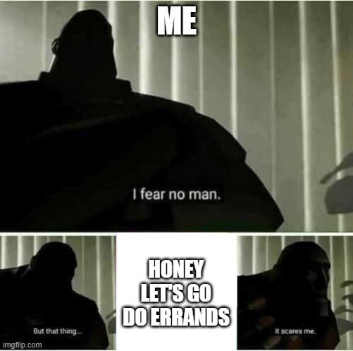 Errands are long and scary | ME; HONEY LET'S GO DO ERRANDS | image tagged in i fear no man | made w/ Imgflip meme maker