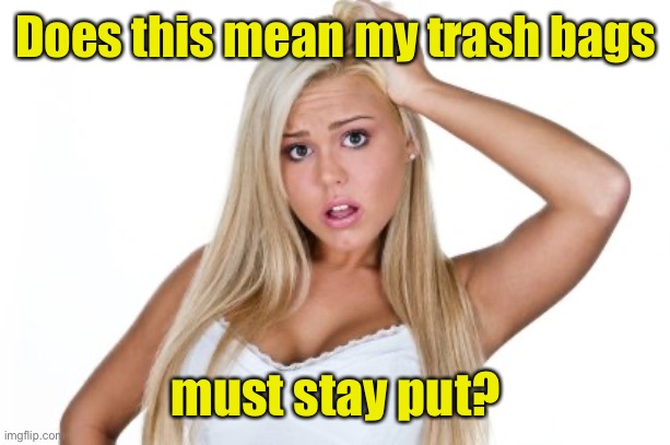 Dumb Blonde | Does this mean my trash bags must stay put? | image tagged in dumb blonde | made w/ Imgflip meme maker